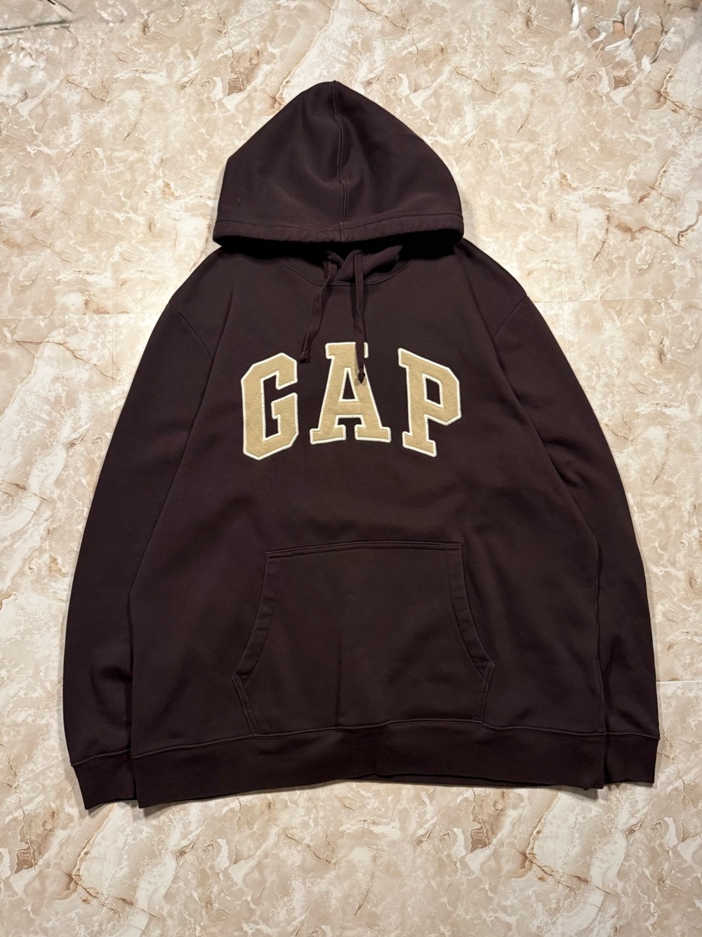 GAP Men's Dark Brown Hoodie with Gold Lettering